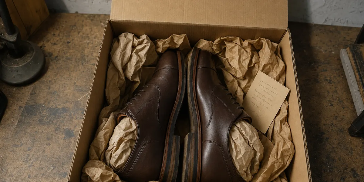 Une paire de chaussures calée côte à côte dans un carton, du papier kraft froissé autour et dans les tiges, un mot glissé sur le côté.