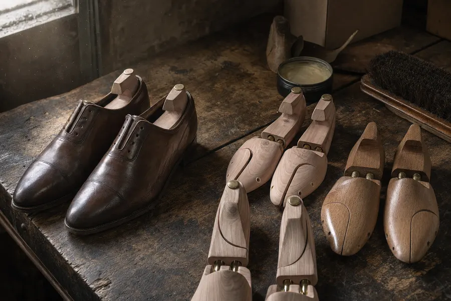 Embauchoirs en bois clair de cèdre et en hêtre plus foncé, posés sur l'établi à côté d'une paire de derbys, d'une boîte de crème et d'une brosse en crin.