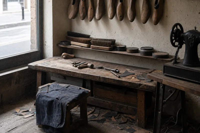 Établi bas de cordonnier : formes en bois suspendues, brosses en crin, poussière de cuir dans la lumière.