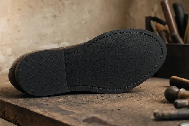 Semelle de gomme noire mate, cousue sous une chaussure posée sur l'établi.
