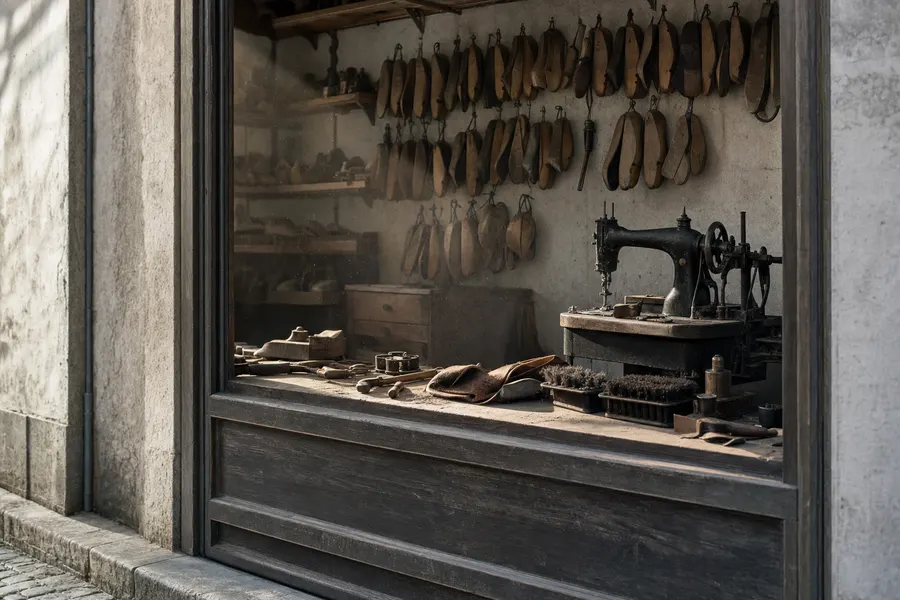 L'atelier vu depuis la rue : formes en bois suspendues, machine à coudre en fonte, établi.